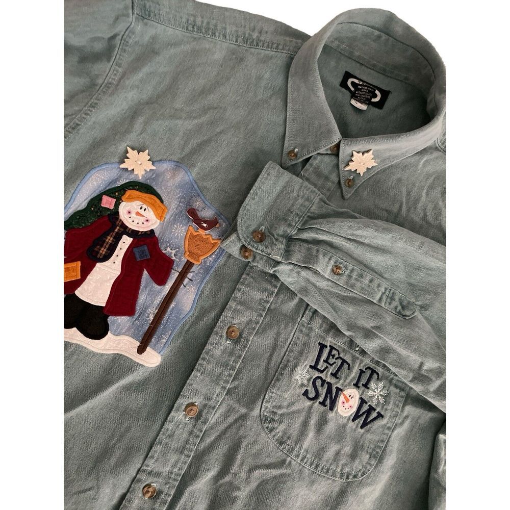 Vintage Three‎ Rivers Long Sleeve Button Up Denim Shirt Snowman Embroidered Sz L